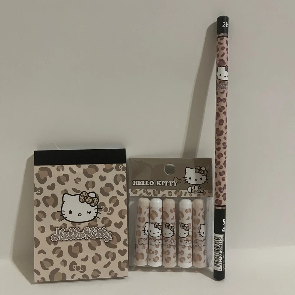 Hello Kitty Brown Leopard Mini Memo Pad, Pencil and Pencil Cap Bundle